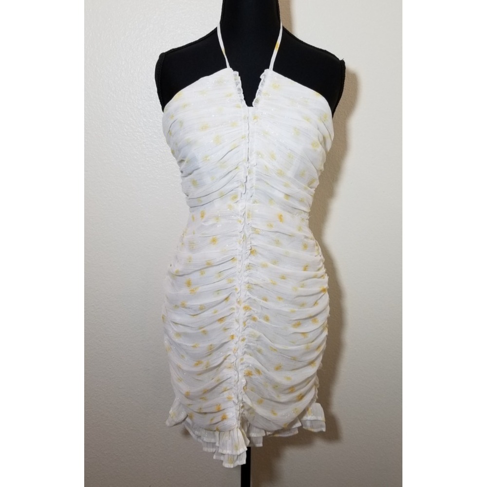 Forever 21 Small White Yellow Floral Halter Mini Dress Ruched Bodycon Fairy NWT